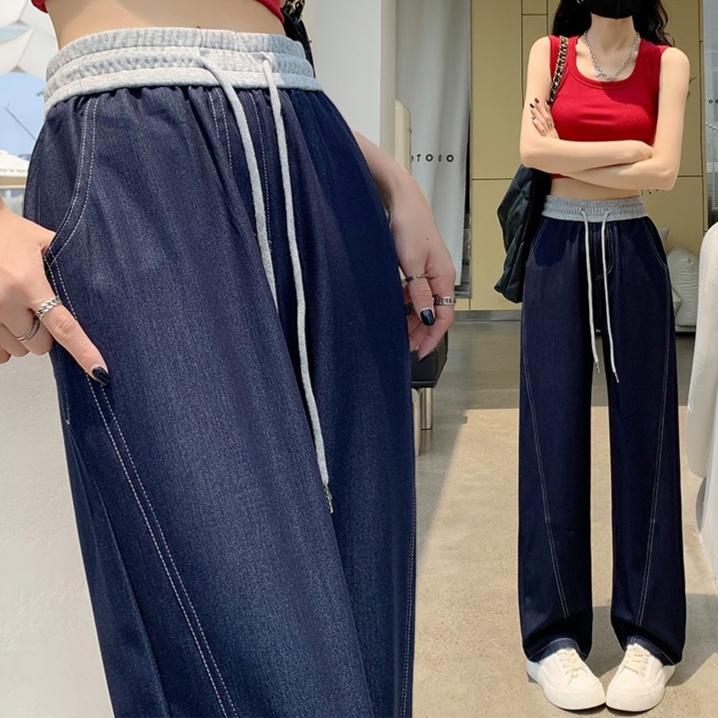 レディースジーンズパンツ ドロスト紐付きゆったりデニムパンツ
