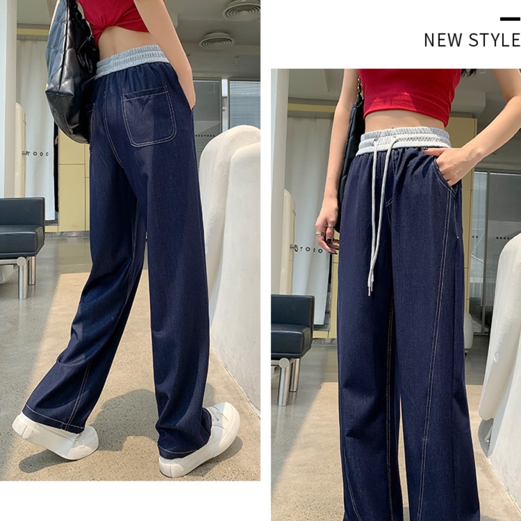 レディースジーンズパンツ ドロスト紐付きゆったりデニムパンツ
