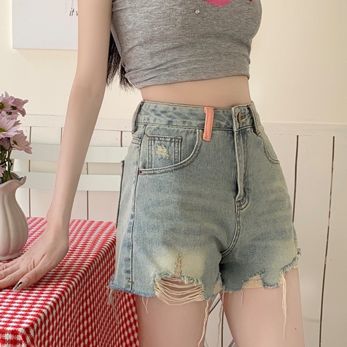 レディースジーンズパンツ クラッシュ加工パールポケットショーツ