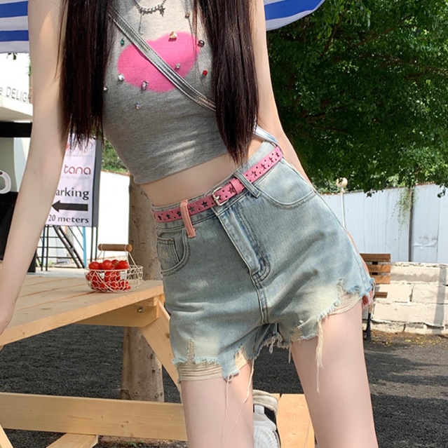 レディースジーンズパンツ クラッシュ加工パールポケットショーツ