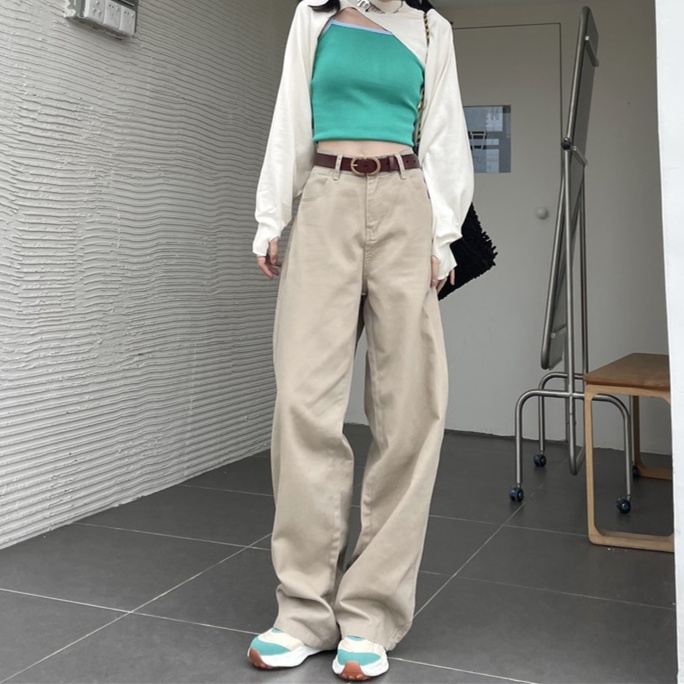レディースジーンズパンツ ハイウエストゆったりストレートデニムパンツ