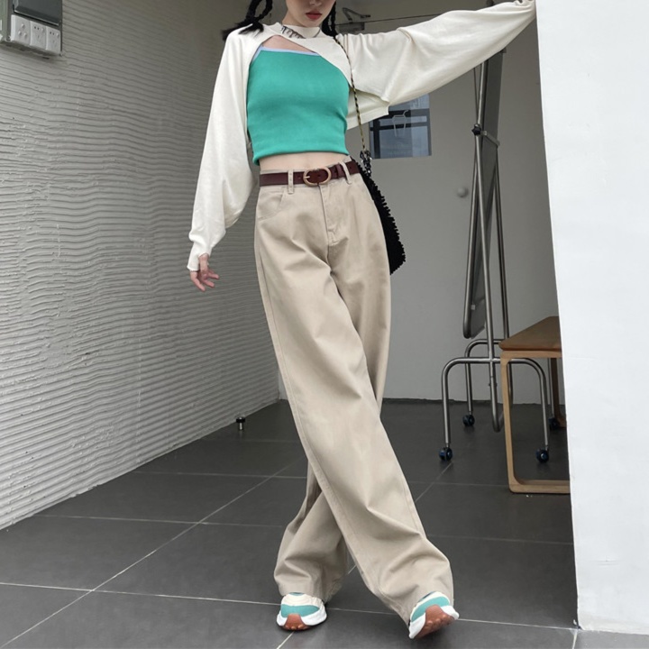 レディースジーンズパンツ ハイウエストゆったりストレートデニムパンツ