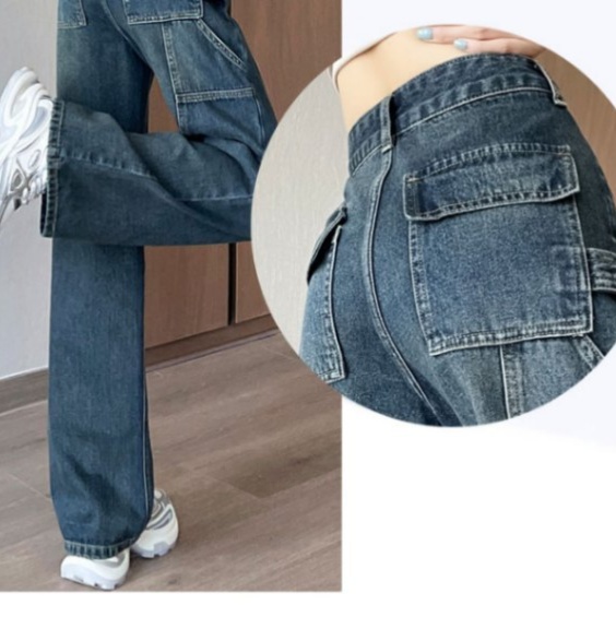 レディースジーンズパンツ ひだ飾りカーゴワイドデニム