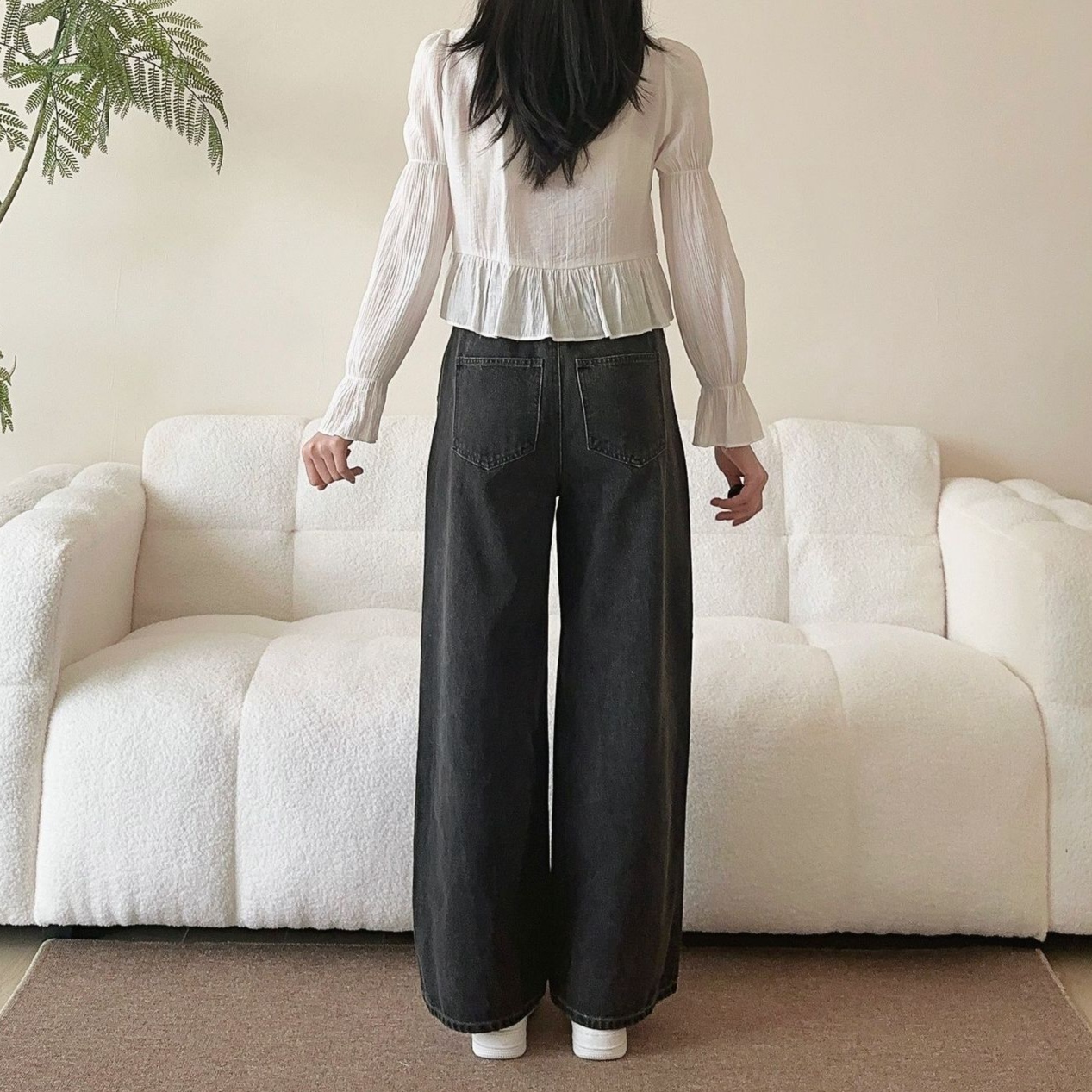 レディースジーンズパンツ リボン刺繍入りハイウエストストレートデニム