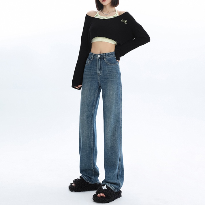 レディースジーンズパンツ ハイウエストストレートデニムパンツ