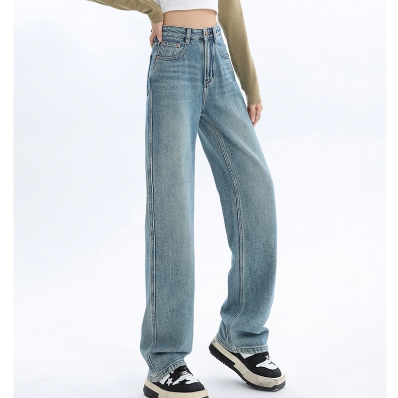 レディースジーンズパンツ ハイウエストストレートデニムパンツ