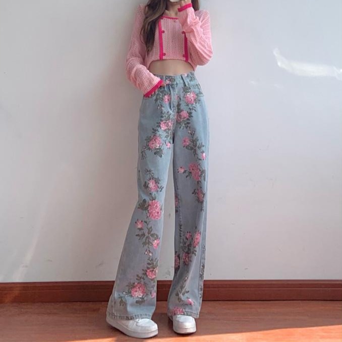 レディースジーンズパンツ 花柄刺繍入りストレートデニム
