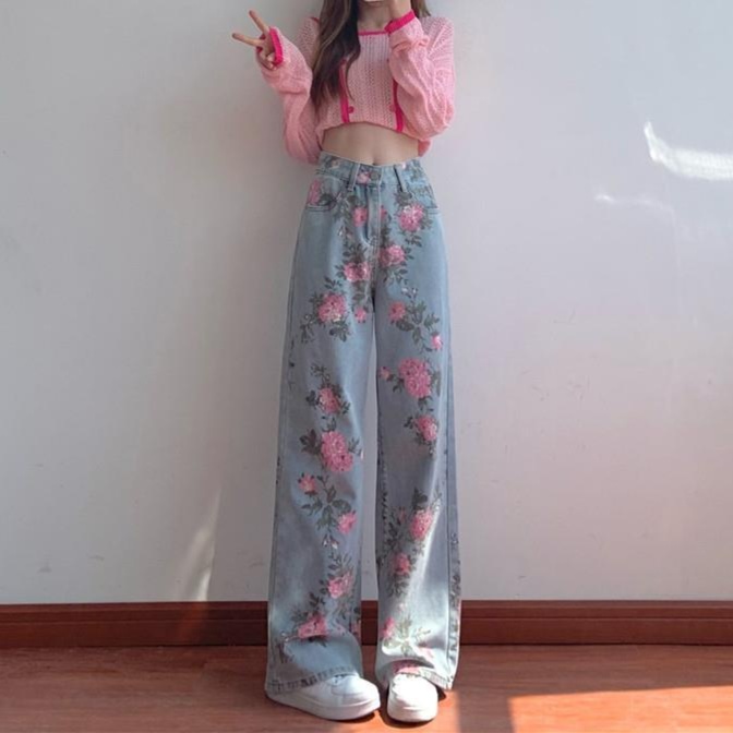 レディースジーンズパンツ 花柄刺繍入りストレートデニム