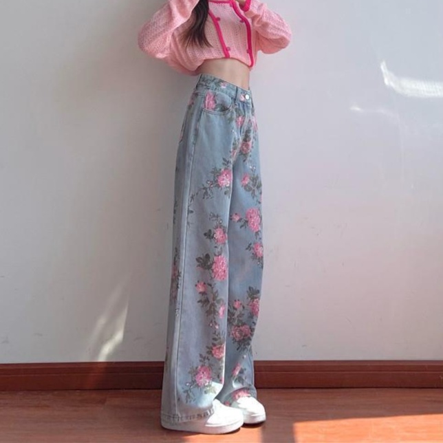 レディースジーンズパンツ 花柄刺繍入りストレートデニム