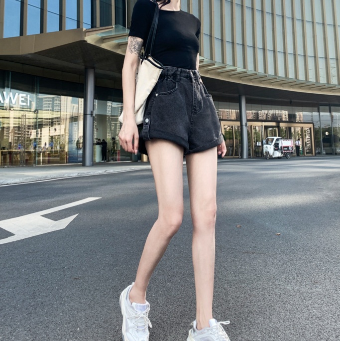 レディースジーンズパンツ ガーリーフレアハイウエストショートパンツ