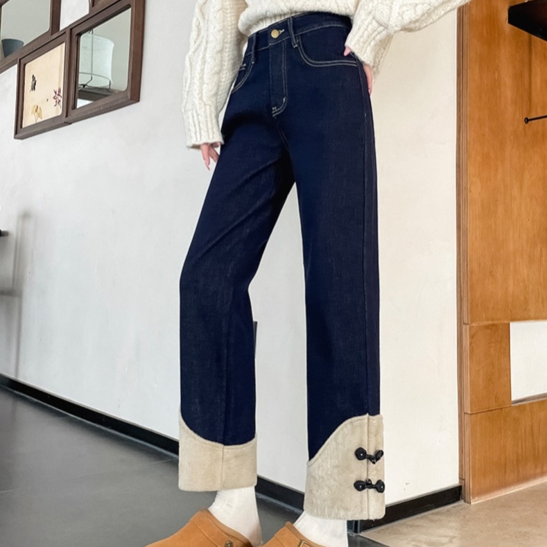 レディースジーンズパンツ 裾ボタンストレート切替デニム