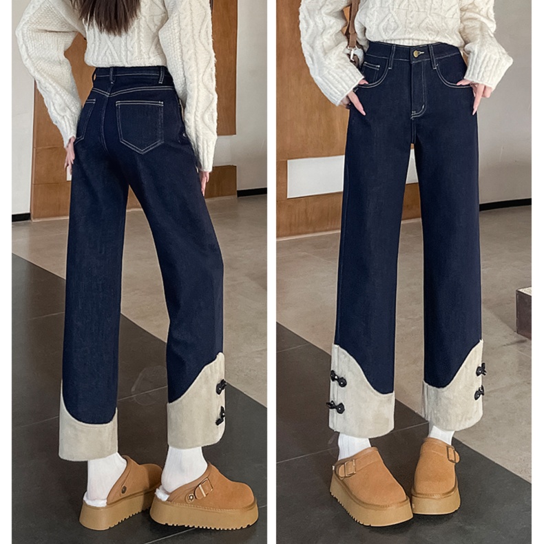 レディースジーンズパンツ 裾ボタンストレート切替デニム