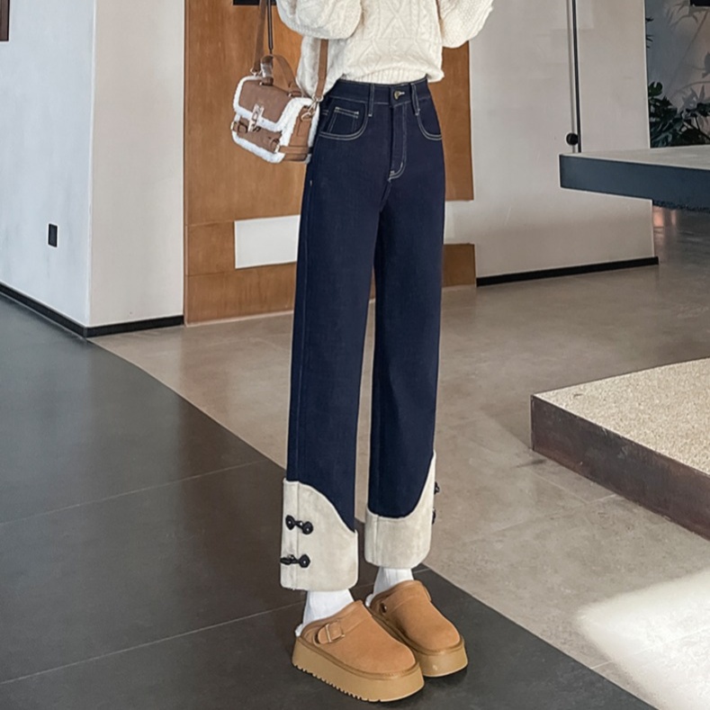 レディースジーンズパンツ 裾ボタンストレート切替デニム