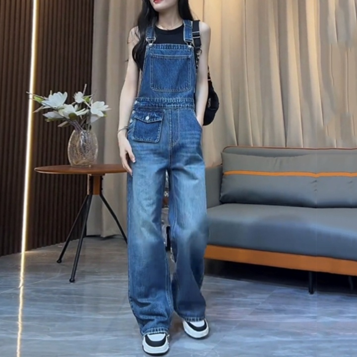 レディースジーンズパンツ ゆったりシルエットデニムサロペット