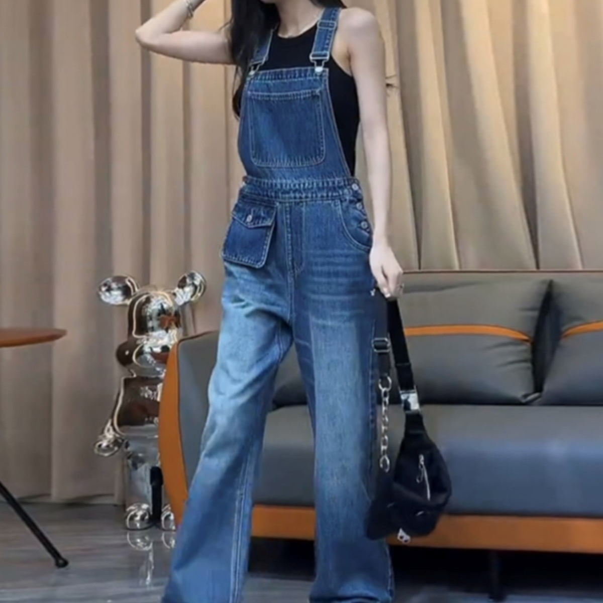 レディースジーンズパンツ ゆったりシルエットデニムサロペット
