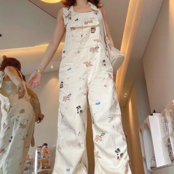 レディースジーンズパンツ ゆるかわくまさんオーバーオールサロペット
