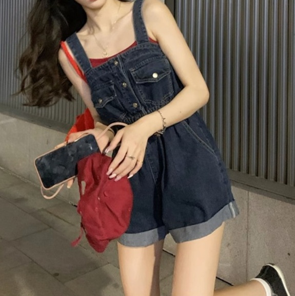 レディースジーンズパンツ ふんわりシルエットデニムサロペット