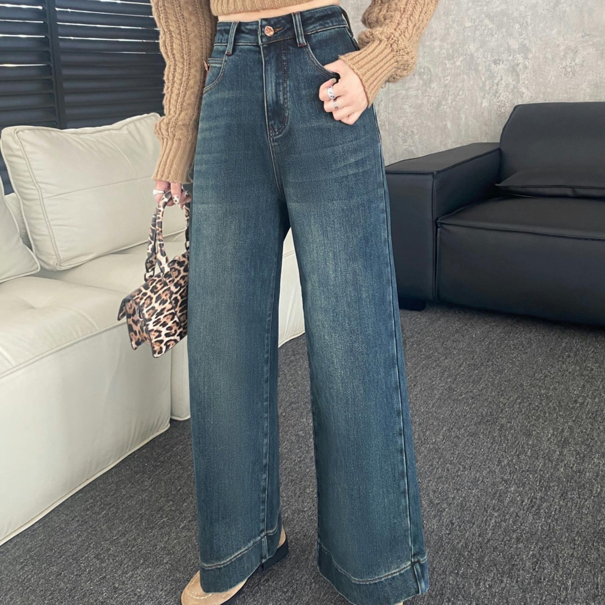 レディースジーンズパンツ ゆったりワイドシルエット デニムパンツ