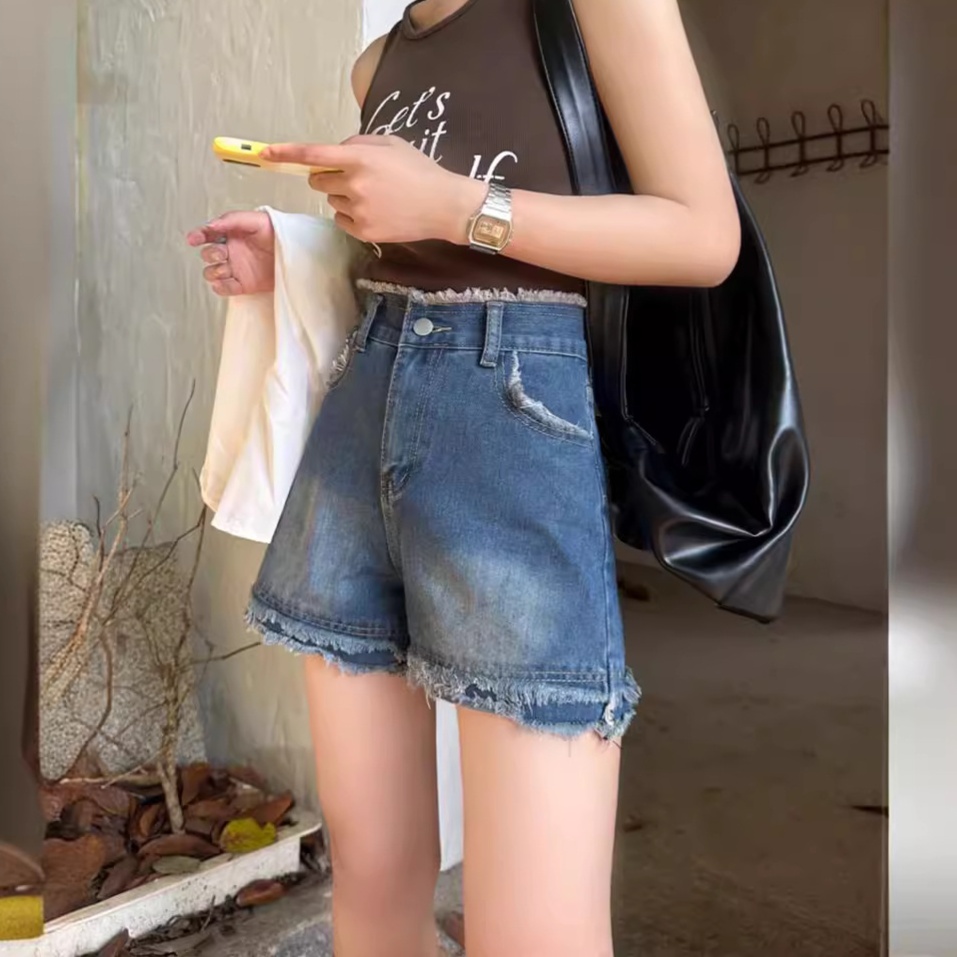 レディースジーンズパンツ フリンジ加工ハイウエストショートパンツ