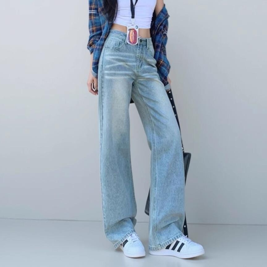 レディースジーンズパンツ ハイウエストストレートデニムパンツ