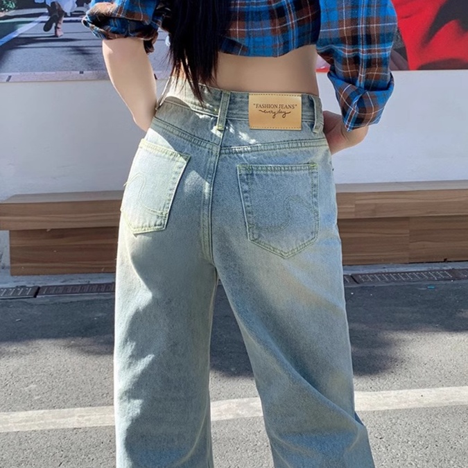レディースジーンズパンツ ハイウエストストレートデニムパンツ