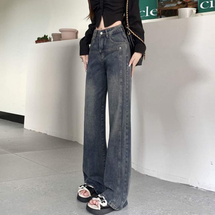 レディースジーンズパンツ レッグラインストレート切替デニム