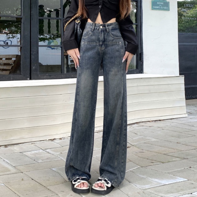 レディースジーンズパンツ レッグラインストレート切替デニム