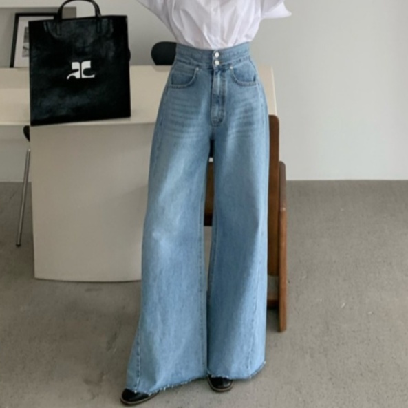 レディースジーンズパンツ ドレープワイドデニムパンツ