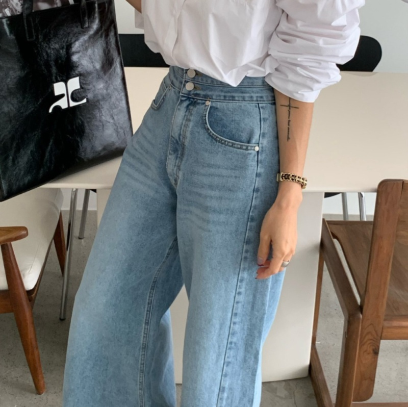 レディースジーンズパンツ ドレープワイドデニムパンツ