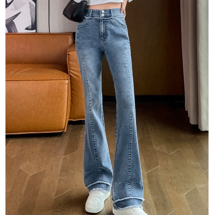 レディースジーンズパンツ ハイウエストフリンジフレアデニム
