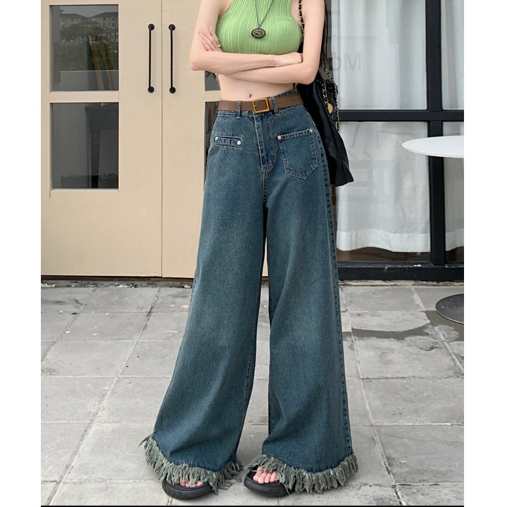 レディースジーンズパンツ フリンジ裾デザインワイドデニムパンツ