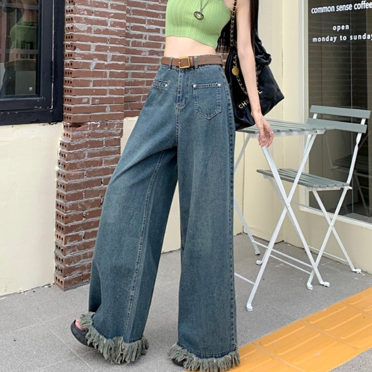 レディースジーンズパンツ フリンジ裾デザインワイドデニムパンツ