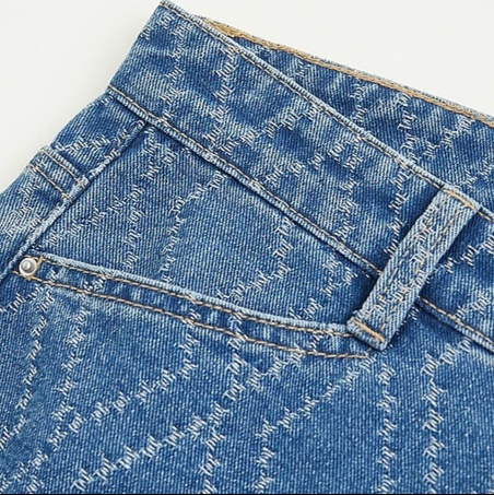レディースジーンズパンツ ひし形刺繍入りワイドデニムパンツ