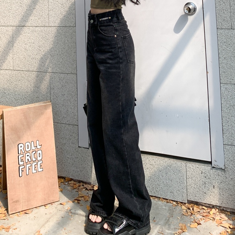 レディースジーンズパンツ ハイウエストワイドデニムパンツ
