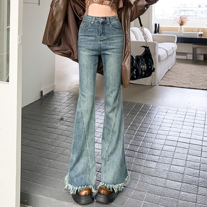 レディースジーンズパンツ 裾フリンジ極太フレアデニムパンツ