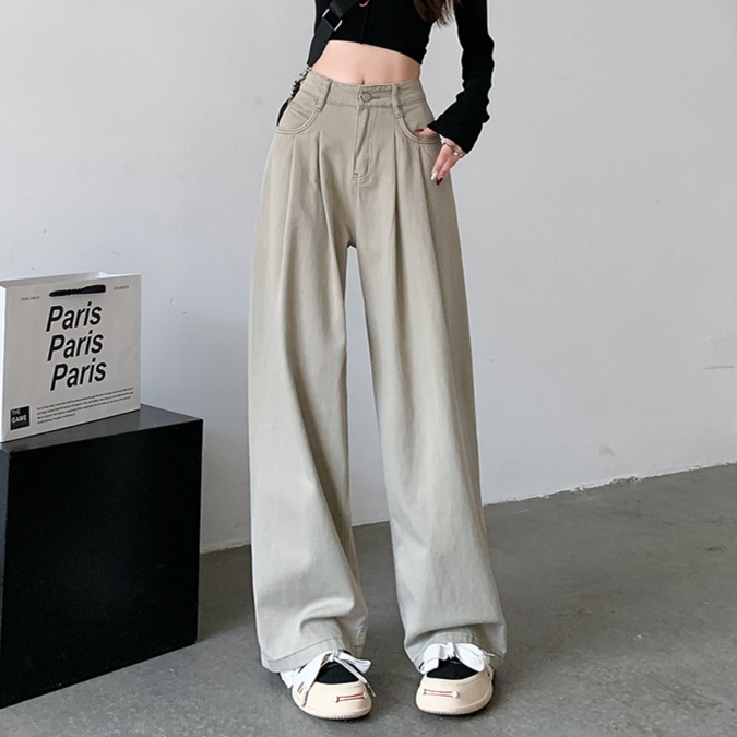 レディースジーンズパンツ タック入りハイウエストワイドデニム