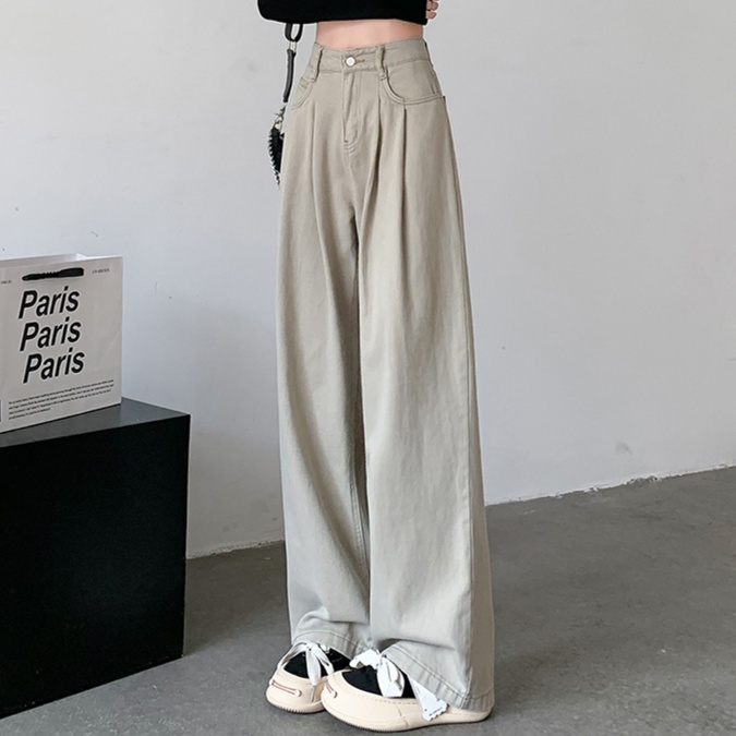 レディースジーンズパンツ タック入りハイウエストワイドデニム