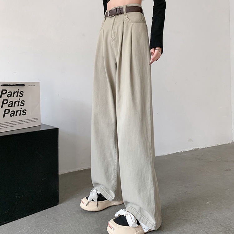 レディースジーンズパンツ タック入りハイウエストワイドデニム