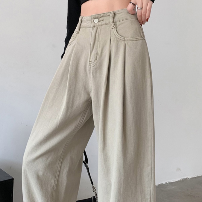 レディースジーンズパンツ タック入りハイウエストワイドデニム