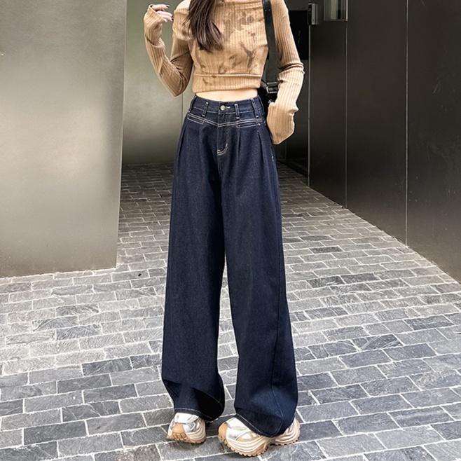 レディースジーンズパンツ タック入りハイウエストデニムワイド