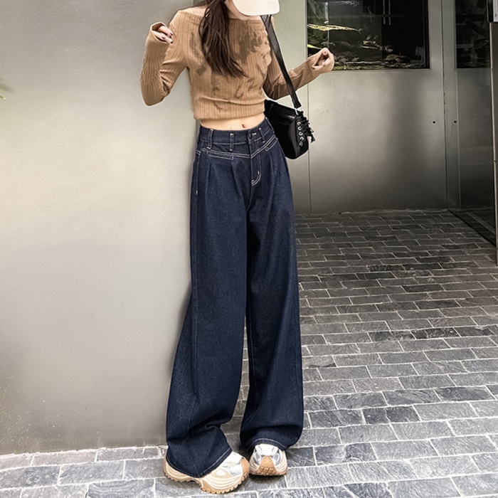 レディースジーンズパンツ タック入りハイウエストデニムワイド