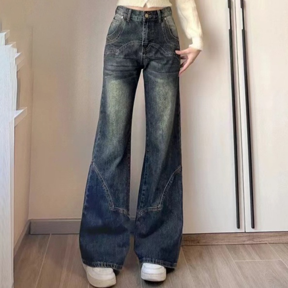 レディースジーンズパンツ ゆったりフレアロングデニムパンツ