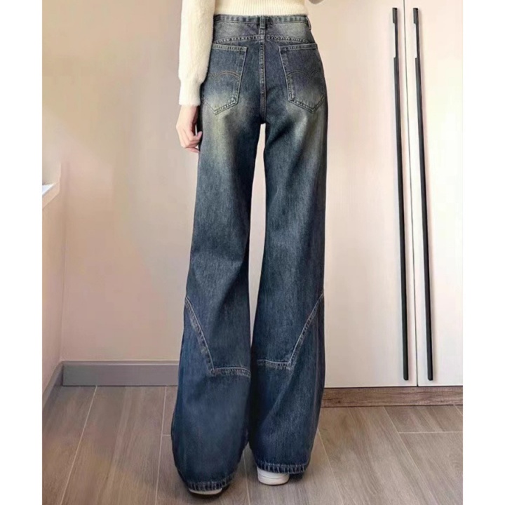 レディースジーンズパンツ ゆったりフレアロングデニムパンツ