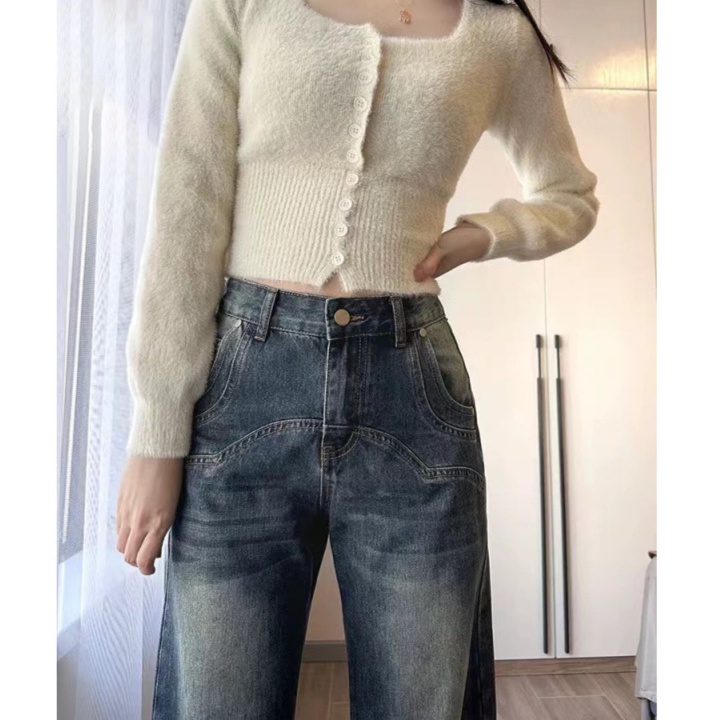 レディースジーンズパンツ ゆったりフレアロングデニムパンツ