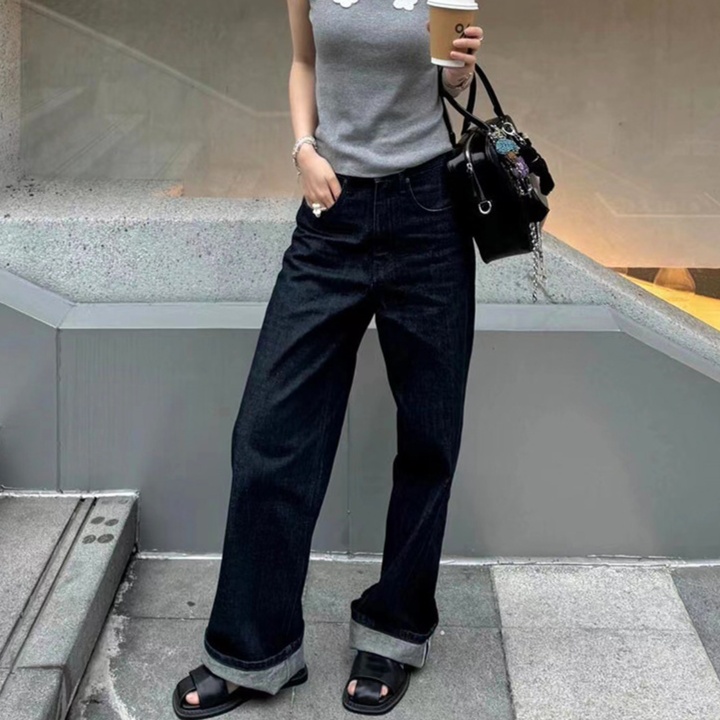 レディースジーンズパンツ すっきりストレートデニムパンツ