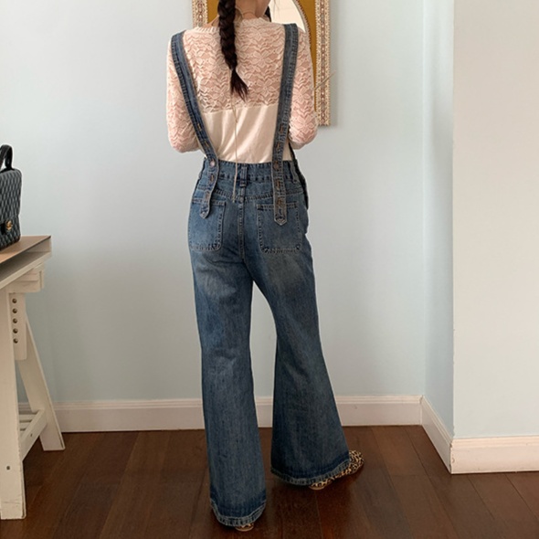 レディースジーンズパンツ レース×サロペット 大人可愛いクラシカルデニム