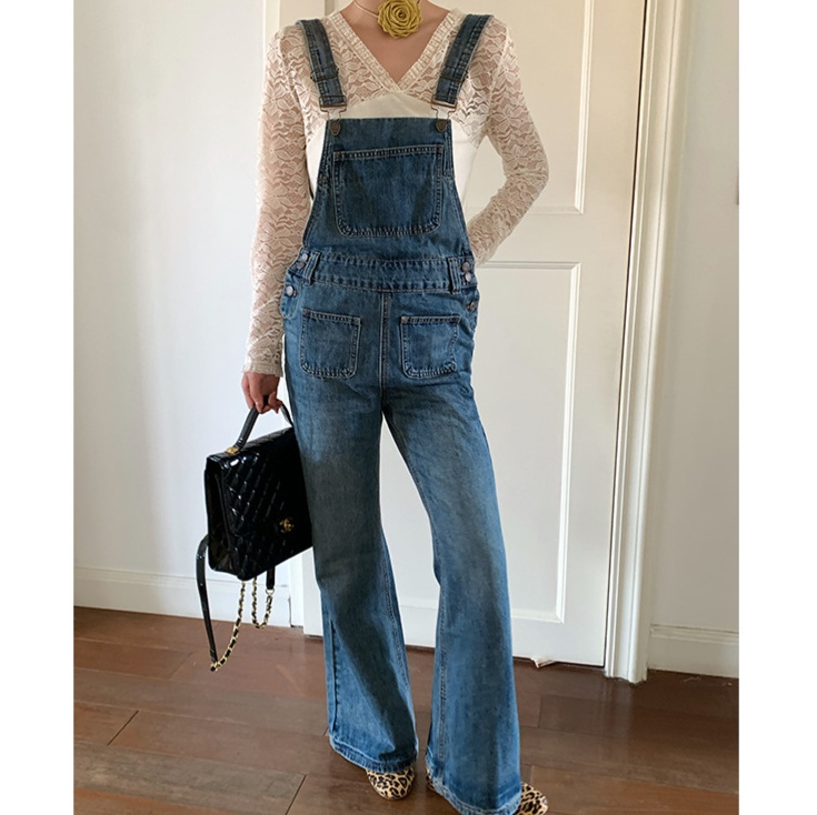 レディースジーンズパンツ レース×サロペット 大人可愛いクラシカルデニム