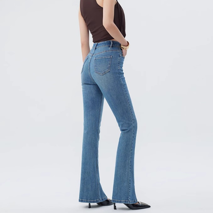 レディースジーンズパンツ フロントスリット入りデニムフレアパンツ