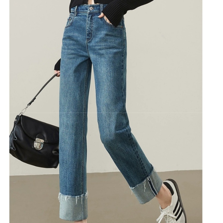 レディースジーンズパンツ 裾折り返しストレートデニムパンツ
