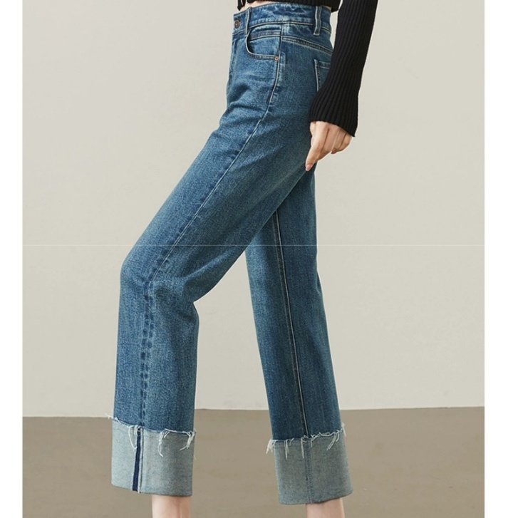 レディースジーンズパンツ 裾折り返しストレートデニムパンツ